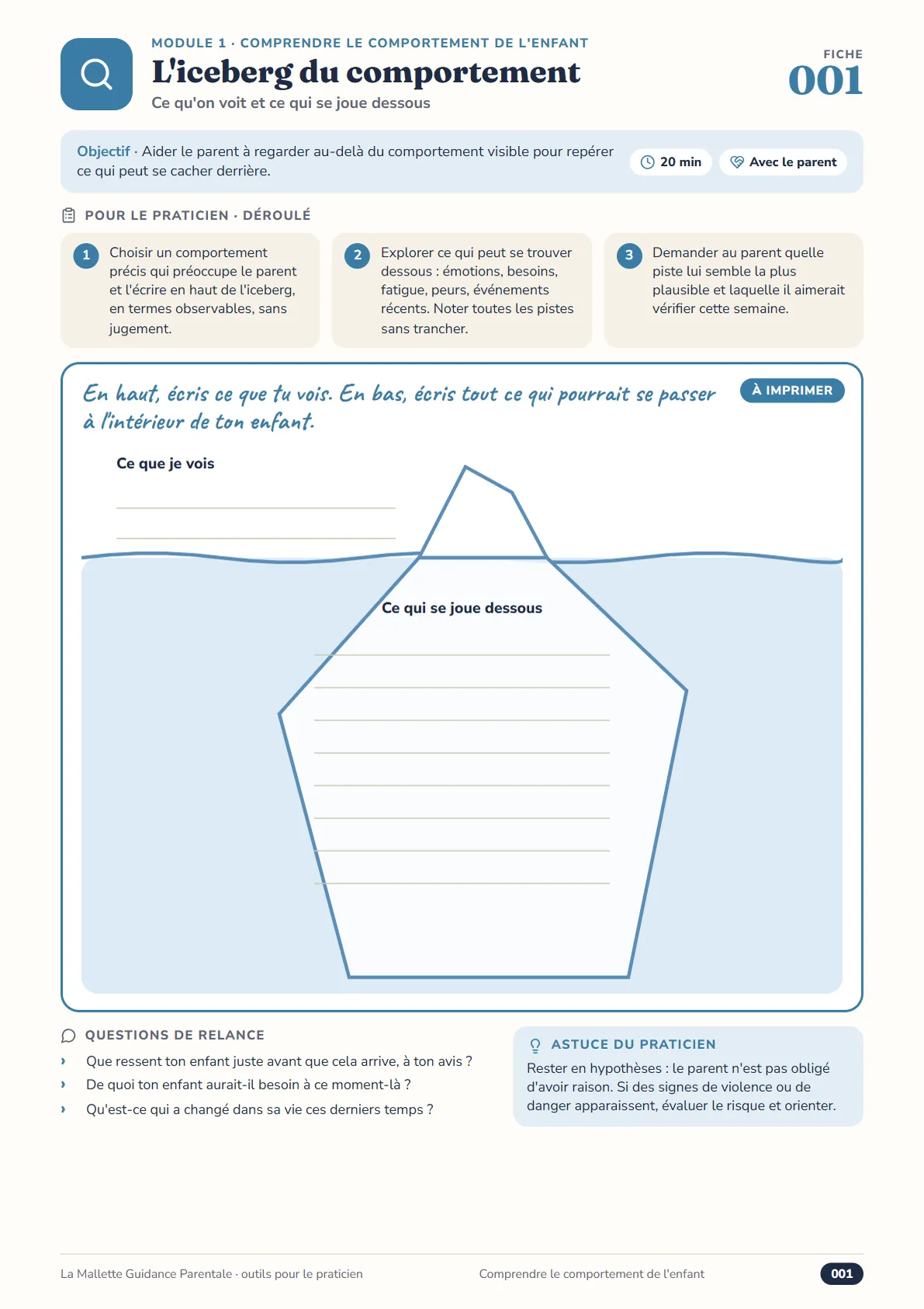 Fiche 001 L’iceberg du comportement : déroulé en 3 étapes, iceberg à remplir, questions de relance, astuce du praticien