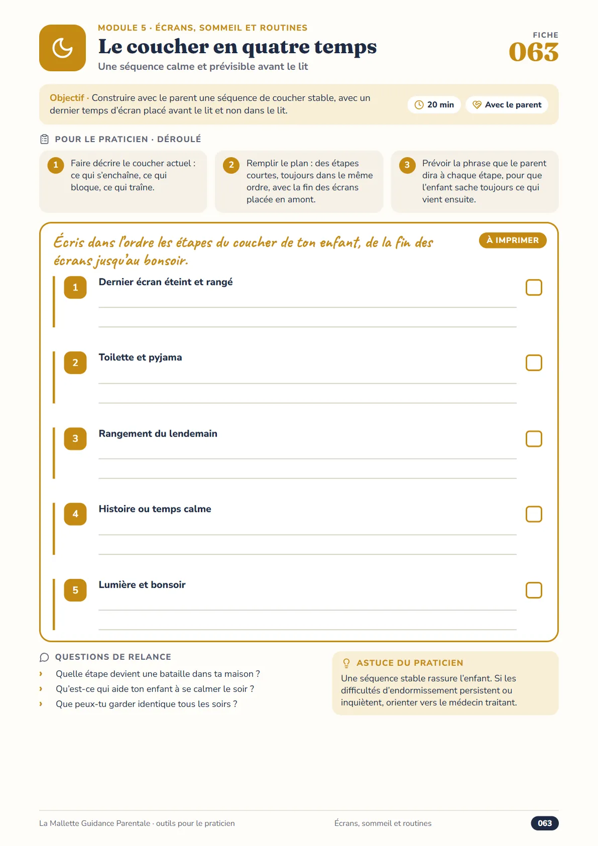 Fiche 063 Le coucher en quatre temps