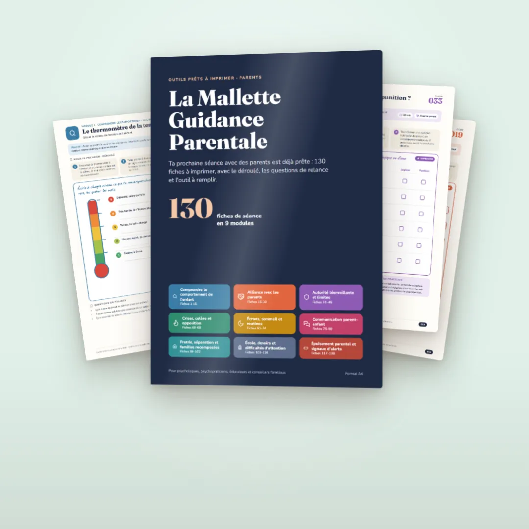 La Mallette Guidance Parentale : la couverture du PDF, 130 fiches de séance en 9 modules
