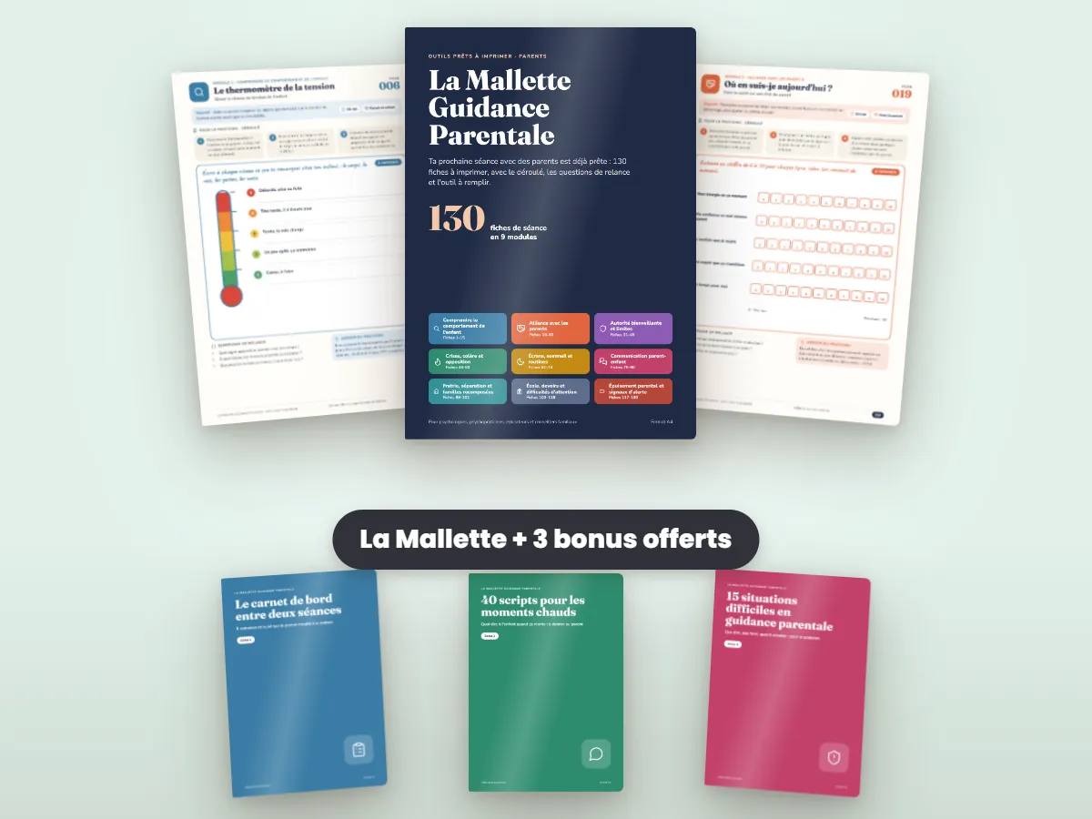 La Mallette Guidance Parentale : la couverture, deux fiches et les 3 bonus offerts